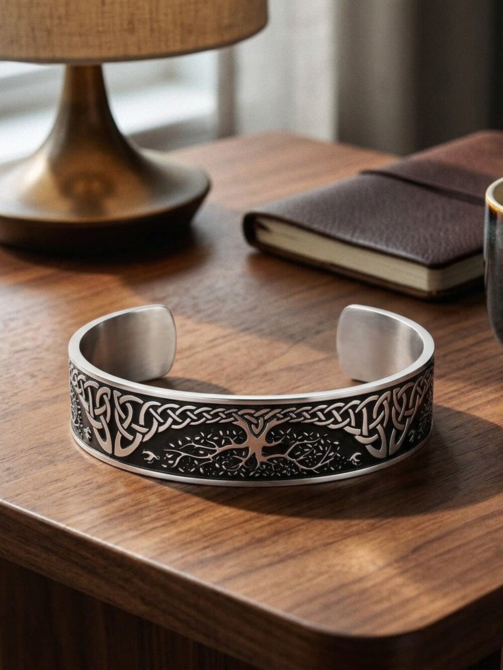 Mens Viking Cuff Bracelet Stainless Steel Yggdrasil Tree of Life Norse Bangle